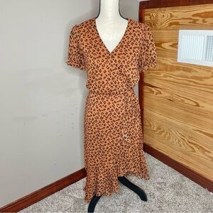 City Vibe Burnt Orange Copper Leopard Print Ruffle Hem V-Neck Wrap Midi Dress 7